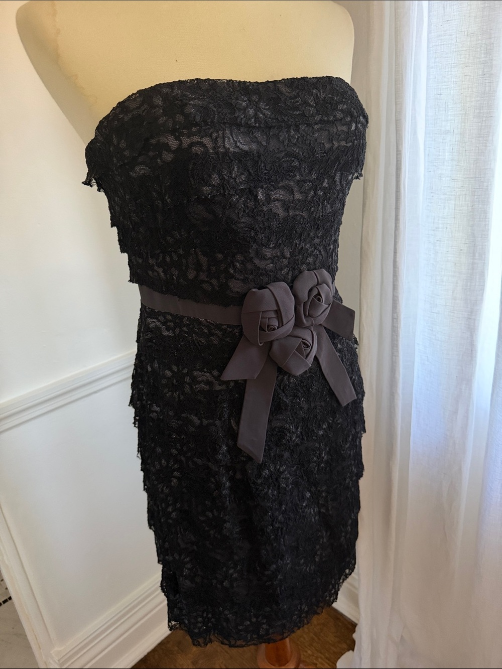 Aiden Black Strapless Lace Mini Dress with Floral Sash